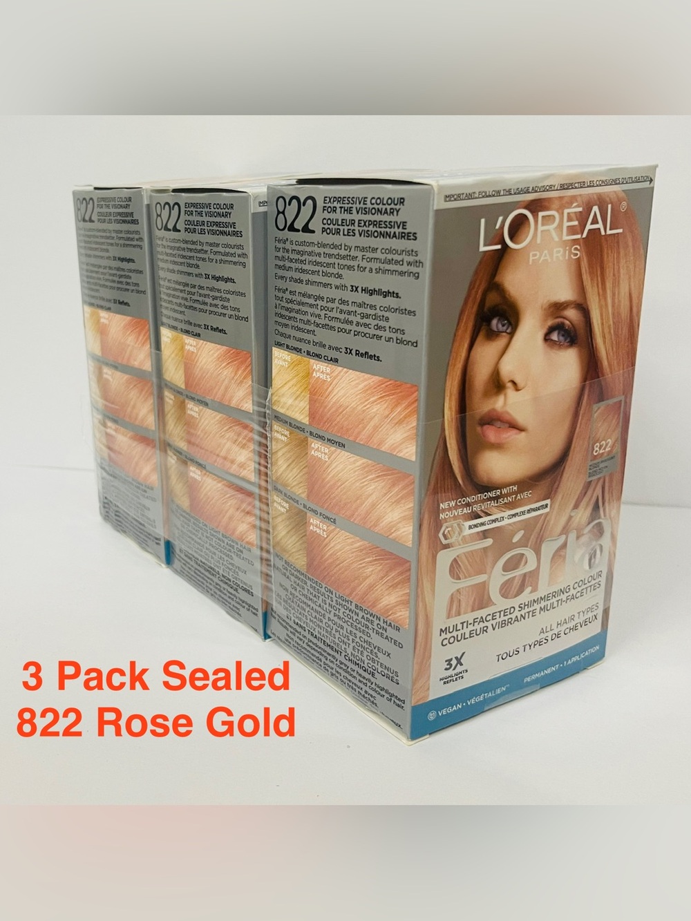 L'Oreal Feria Permanent Hair Color 822 Rose Gold Medium Iridescent Blonde 3 PACK